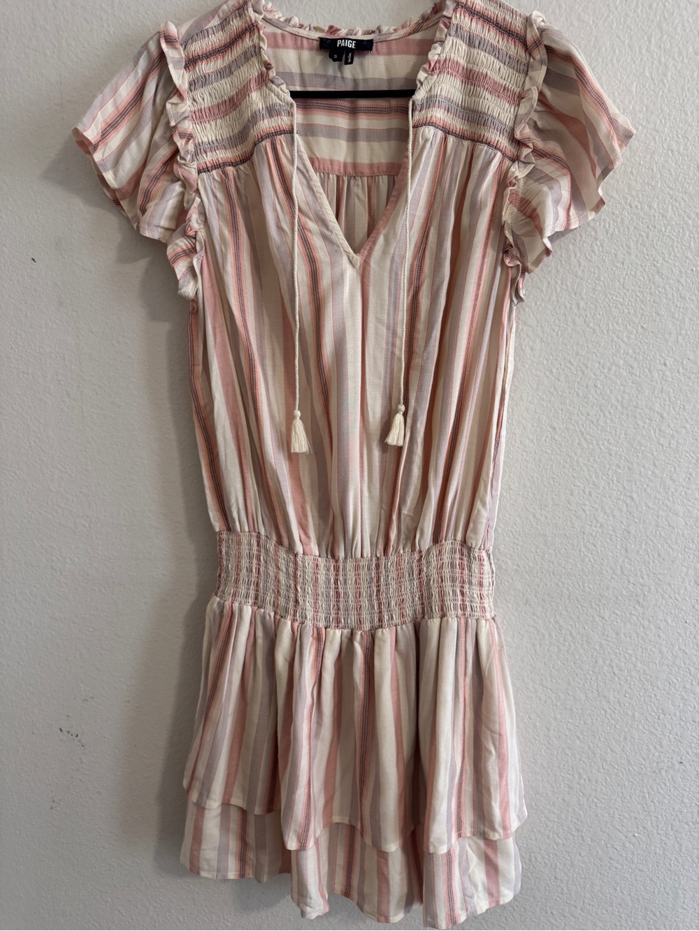PAIGE Cream and Blush Striped Mini Dress, Size Small